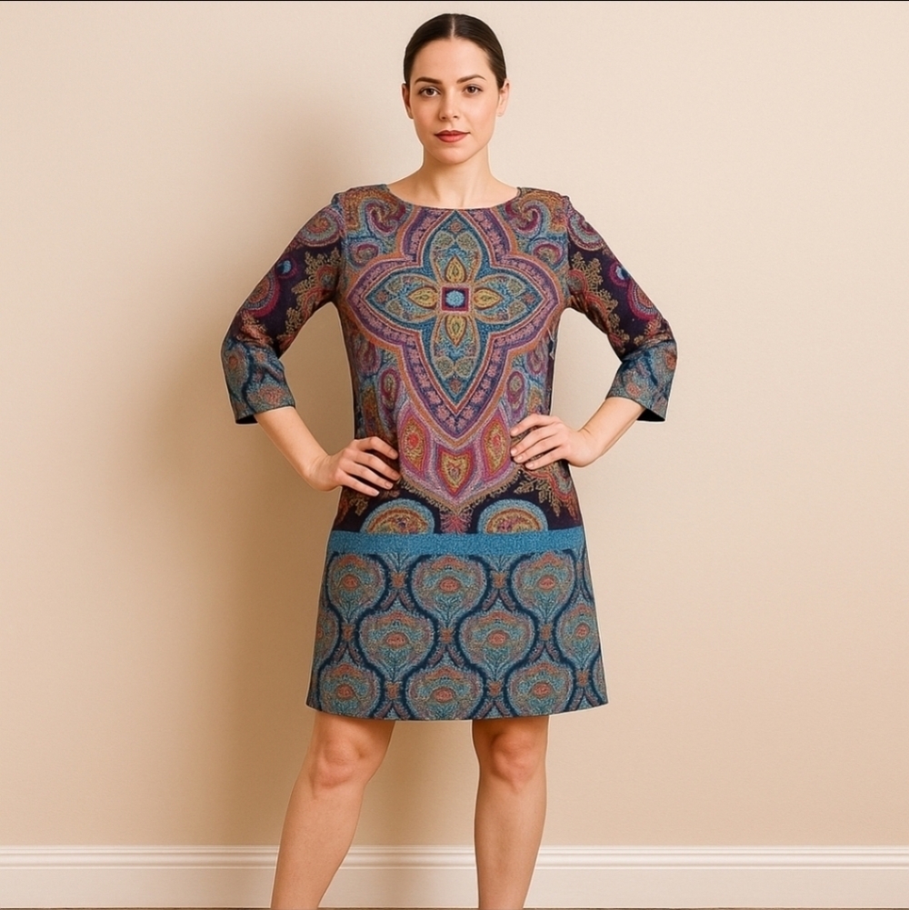 Isle by Melis Kozan Multicolor Paisley Shift Dress Size L Boho Luxe